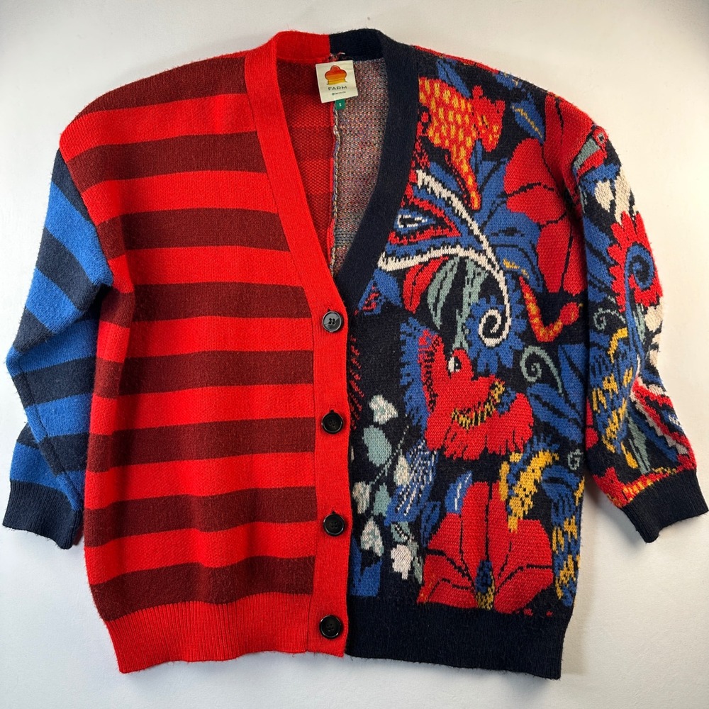 Farm Rio Vintage Forest Cardigan Small Striped Red Blue Sweater Chic Oversized - Picture 5 of 16